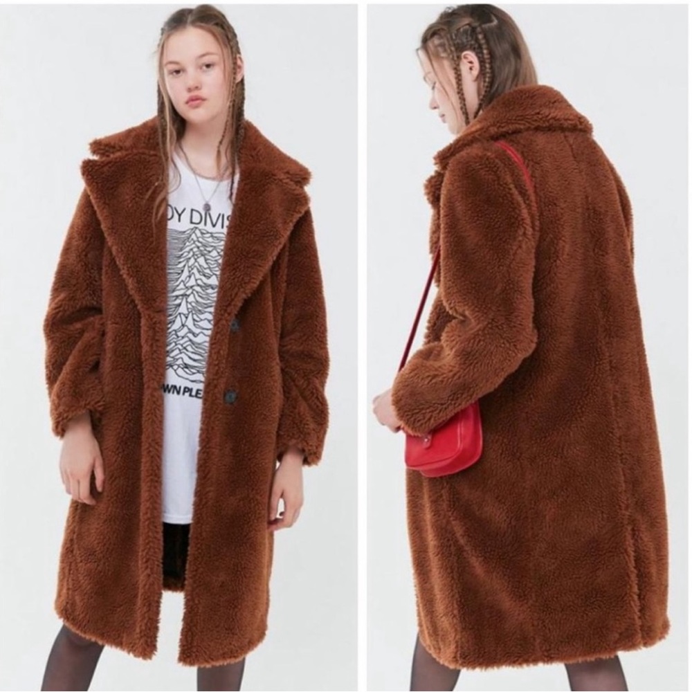 Urban Outfitters Long Sherpa Teddy Trench Coat in Brown Cognac